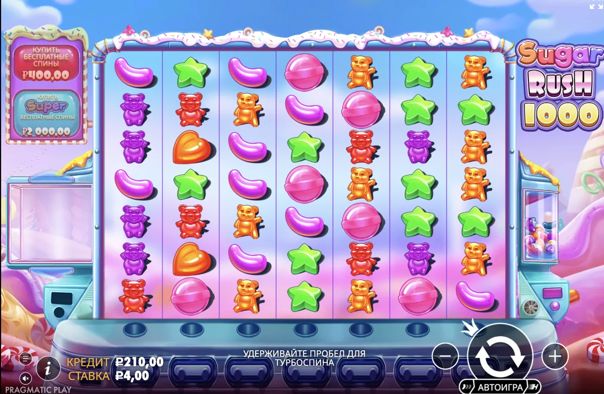 Игровой автомат Sugar Rush 1000: поле 7×7 и кнопки покупки бонусов слева от барабанов
